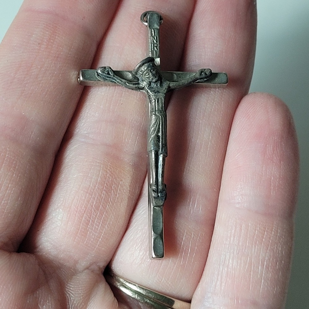 Vintage Silver Tone Metal Crucifix Pendant Italy Stamped Religious Cross INRI